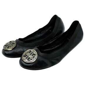 TORY BURCH~Caroline~BLACK LEATHER BALLET FLATS GOLD REVA LOGO SHOES  SZ 10